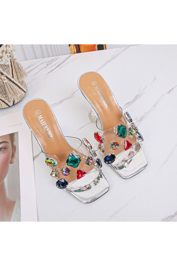 Women Rhinestone High Heel Sandals 1 Pair Rubber Sole Dress Slippers for Weddings and Special Occasions