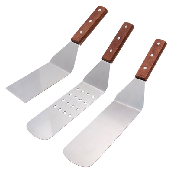 ifundom 1 Set 3pcs Stainless Steel Pizza Shovel Spatula Wood Handle Baking Gadget for Home Restaurant Hotel (Brown + Silver)