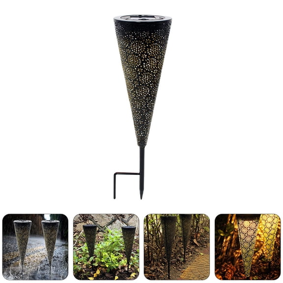 ifundom Solar LED Outdoor Yard Light 1 Pack Metal Cone Shaped Black Hollow Design Weatherproof Garden Lighting