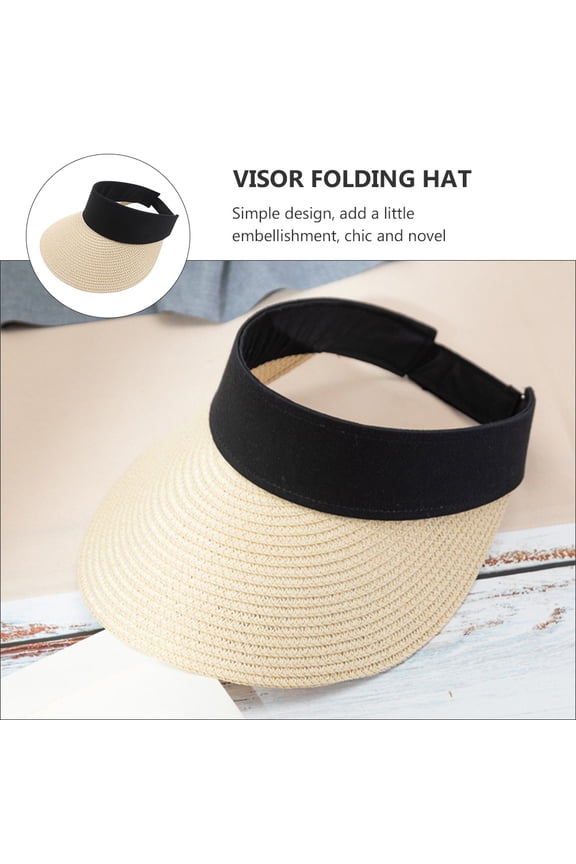 Beige Straw Sun Hat, Folding Visor with Adjustable Strap, Lightweight Outdoor Sun Cap