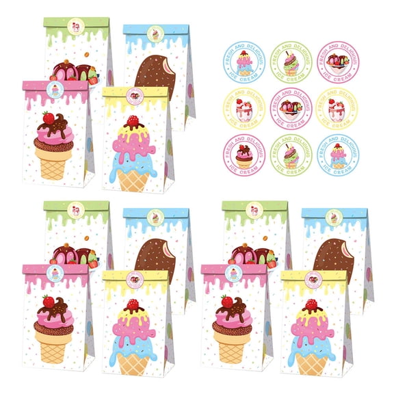 ifundom Set of Paper Bags with Ice Cream Design for Candy, Snacks, Party Favor, and Storage