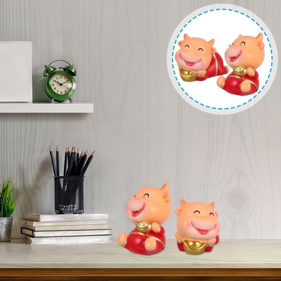 ifundom 2pcs Ox Mascot Figurines Car Decor Ornaments Desktop Accents Lucky Zodiac Animal Statue