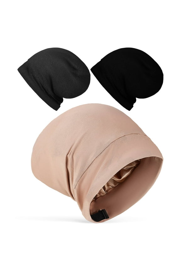 3-Pack Satin Sleeping Bonnets for Hair , Wrapping, Smooth Hair Care, Black, Comfortable