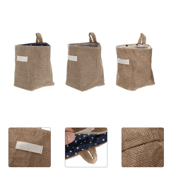 ifundom 3-Piece Creative Hanging Storage Bags Cotton Linen for Home Organization Brown, and Washable