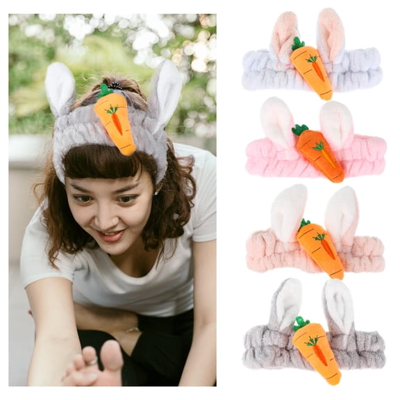 ifundom Adorable Rabbit Ears Makeup Headband Plush Face Washing Hair Band Assorted Color 4Pcs