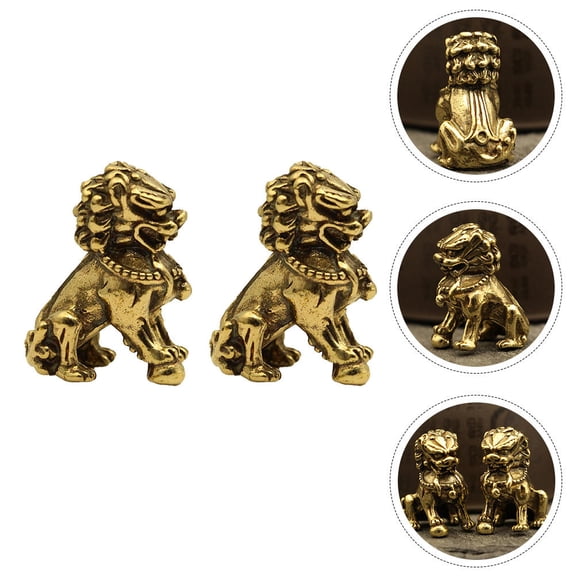 ifundom Golden Brass Feng Shui Lion Statue Decor for Home and Office, Set of 2, Handcrafted Lucky Feng Shui Figurines