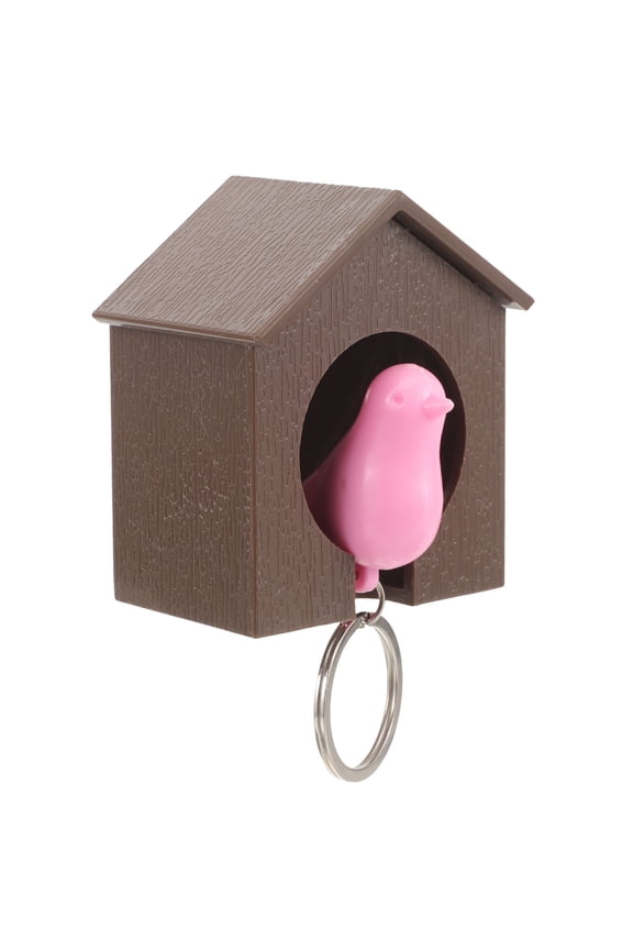 Brown Birdhouse Key Ring Featuring Pink Bird and Safety Alarm Whistle for Keys