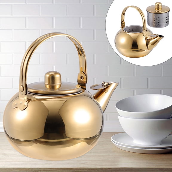 ifundom Stainless Steel Teapot with Filter Lid, Golden Finish, Tea Kettle Set for Brewing and Serving Tea