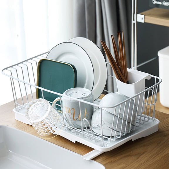 ifundom White Kitchen Dish Drying Basket with Utensil Holder, Compact Design for Fast Drainage and Organized Storage