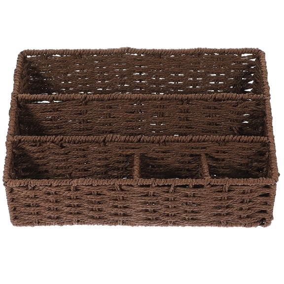ifundom Woven Rattan Storage Basket with Lid and Dividers, Boho Style Desk Organizer for Home and Office, Stylish Storage Solution
