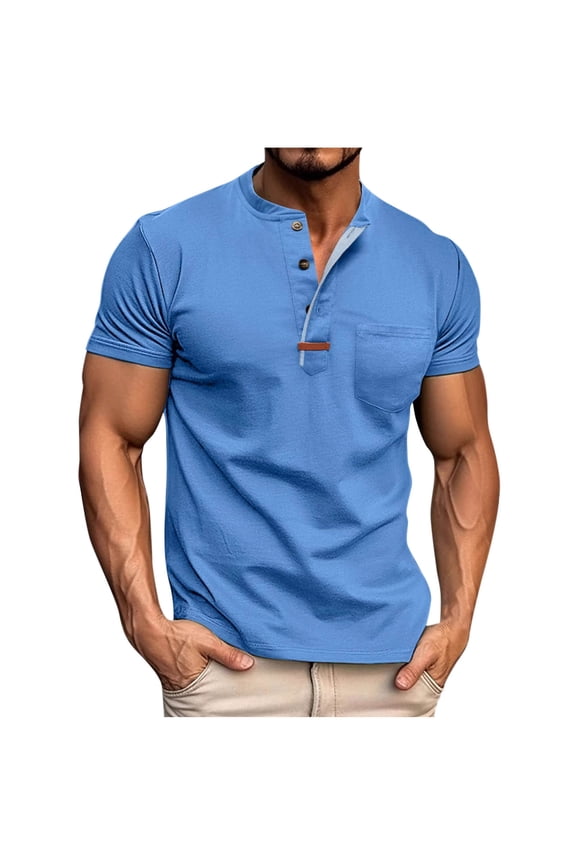 ight Blue Man Crew Collared Neck Tshirts Casual Button Tops Tee for Mens Short Sleeve Color Block Vintage Renaissance Peasant Basic Steampunk Fall Summer Tee Shirt 2026 L