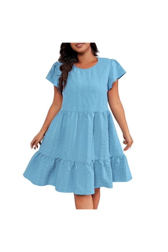 ight Blue Slimming Tunic Plus Size Dresses for Ladies Fall Summer Ruffle Short Sleeve Boat Neck Formal Date Night Gowns Evening Dressy Dresses Homecoming Dresses Womens XL