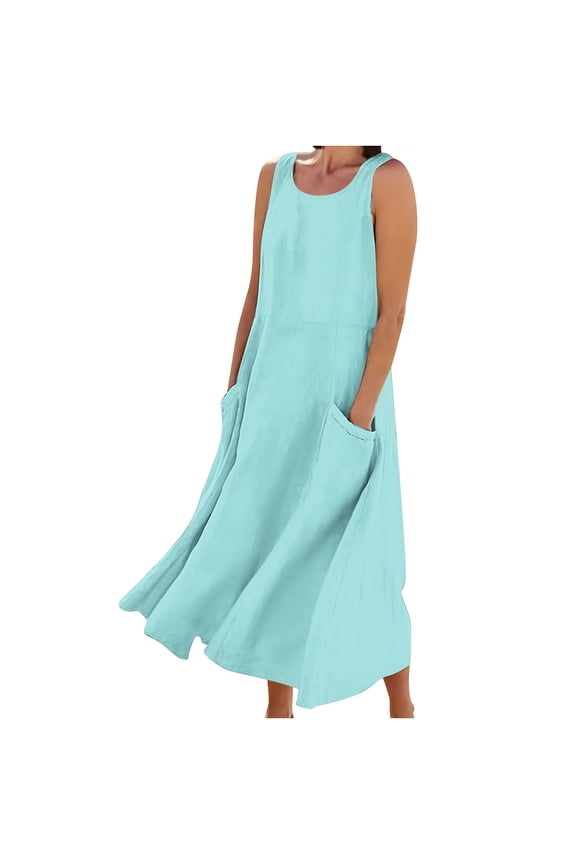 ight Blue Women Crew Neck Faux Linen Dress for Women Sleeveless Maxi Long Basic Fall Summer 2026 Clothes Trendy Country Concert Y2K XL