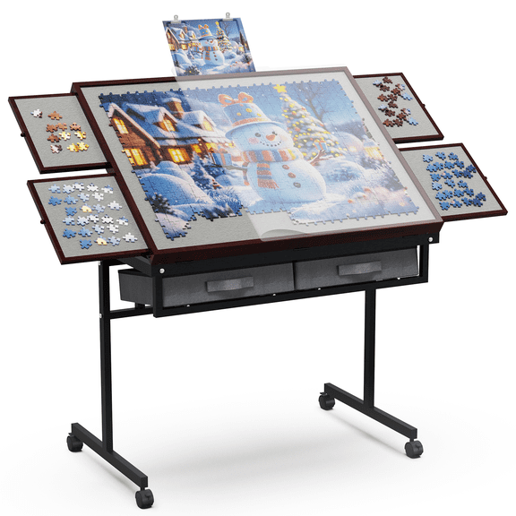 Jigsaw Puzzle Table 2000 Pieces with Drawer and Legs, Five Tilt Angle Adjustable, Portable Puzzle Table for Adults with Protective Cover, Coffee color