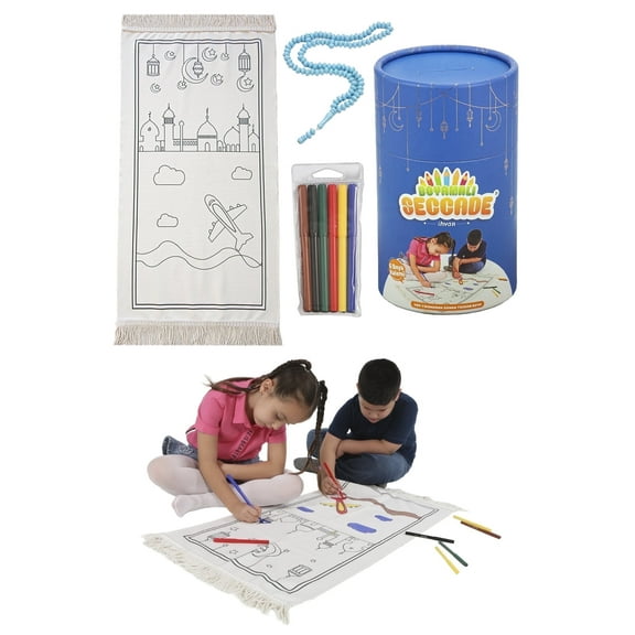 Ihvan Online Kids Painted Prayer Rug Washable Beads Tasbih Rosary Travel Mat Islamic Gift Blue Indoor