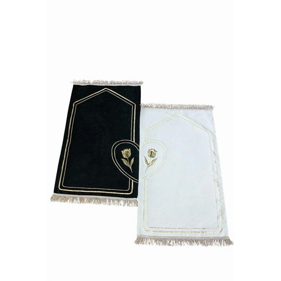 Ihvan Online Couples Prayer Rug Islamic Gift With Beads Cotton Mat 2 Piece Box Black White Indoor