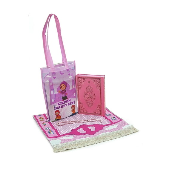 Ihvan Online Kids Prayer Rug With Bag And Beads Beads Tasbih Rosary Travel Islamic Gift Pink Indoor