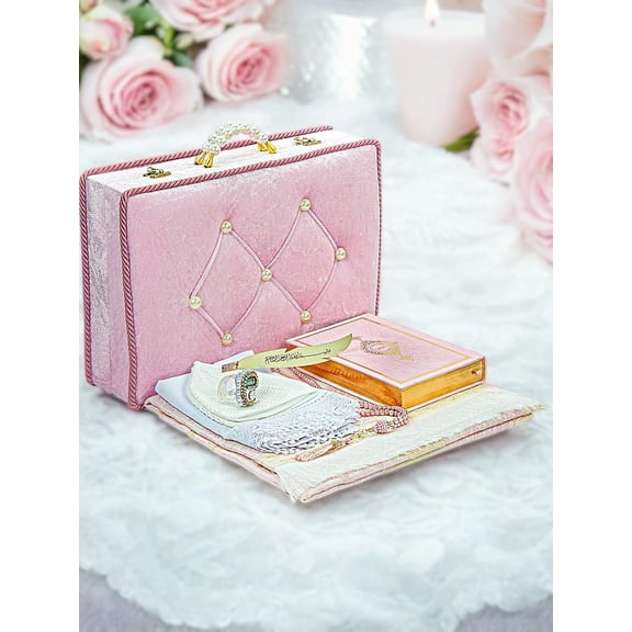 Ihvan Online Muslim Prayer Rug Gift With Shawl Kufi Hat Beads Counter Box Pink Indoor