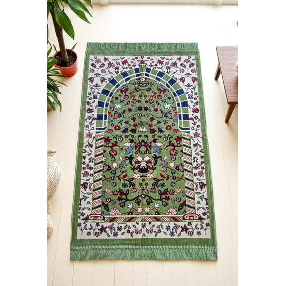 Ihvan Online Velvet Muslim Prayer Rug Thick Design Islamic Gift Green Indoor