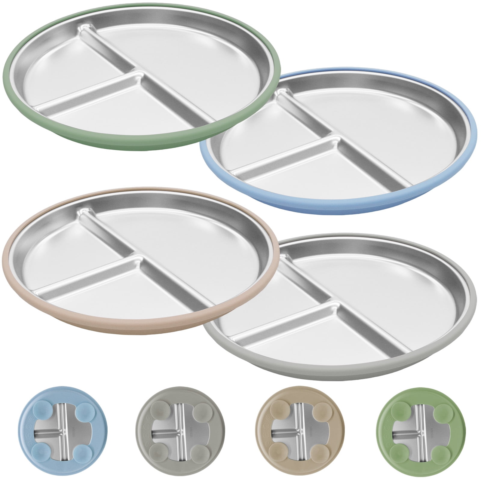 iiidol 4 Pack Stainless Steel Toddler Plates with Suction Kids Baby ...