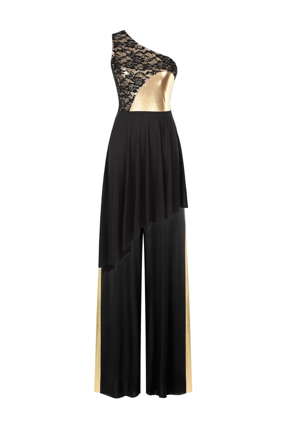 2 PCS Worship Praise Dance Outfit for Women Color Block Irregular Hem Dress with Wide-Leg Black XXL