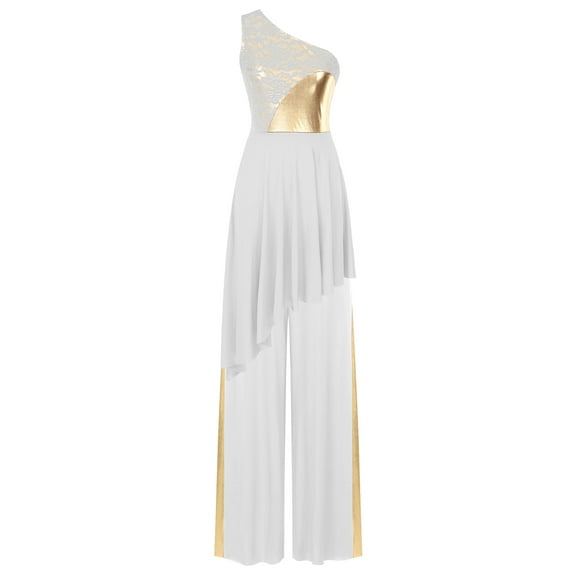 iiniim 2 PCS Worship Praise Dance Outfit for Women Color Block Irregular Hem Dress with Wide-Leg White L