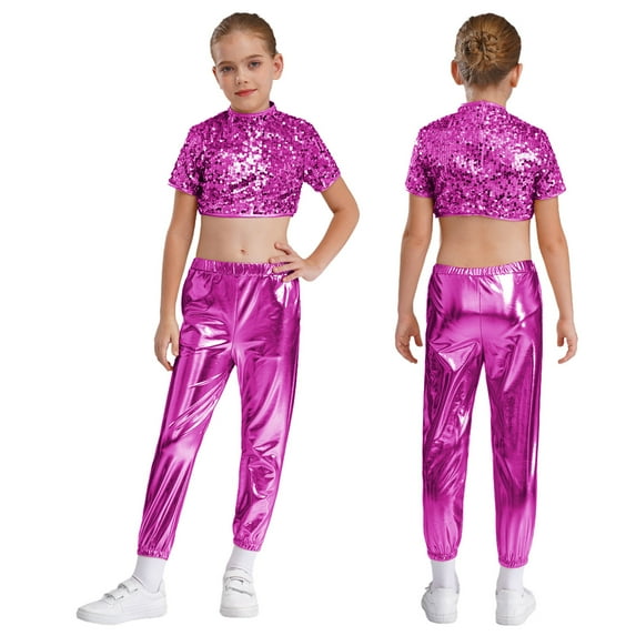 iiniim 2 Pcs Girls Hip Hop Sequins Costume Sparkly Short Sleeve Tank Tops with Metallic Leggings Hot Pink 8