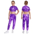 thumbnail image 1 of iiniim 2 Pcs Girls Hip Hop Sequins Costume Sparkly Short Sleeve Tank Tops with Metallic Leggings Purple 6, 1 of 7