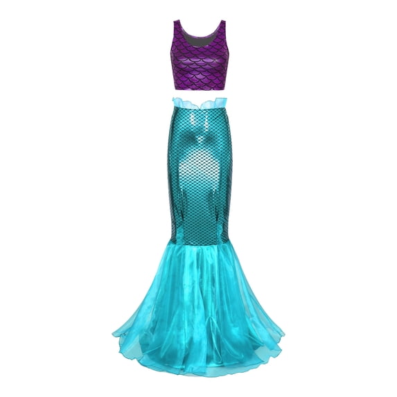iiniim 2 Pcs Mermaid Costume for Women Adult Metallic Shiny Fish Scale Print Cropped Tank Top with Purple&Blue 3XL
