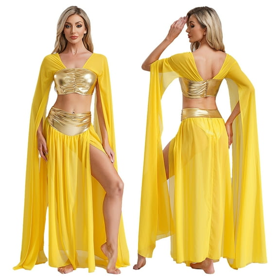 iiniim 2-Piece Women Belly Dance Dress Chiffon Crop Top and Split Dress Party Dancewear Gold L