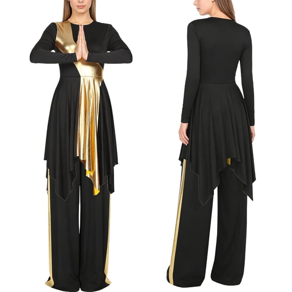 iiniim Women Metallic Praise Dancewear Outfit Worship Liturgical Lyrical Dance Dress with Pants Black S