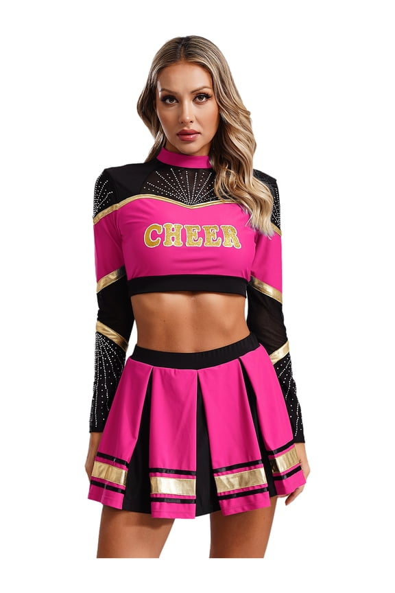 2Pcs Women Cheer Leader Outfit Long Sleeve Sequins Crop Top Skirt Set Schoolgirl Cheer Uniform Hot Pink M