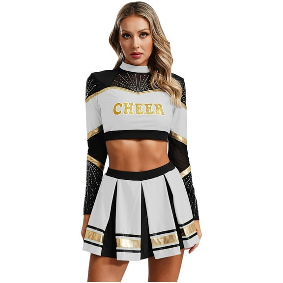 iiniim 2Pcs Women Cheer Leader Outfit Long Sleeve Sequins Crop Top Skirt Set Schoolgirl Cheer Uniform White XXL