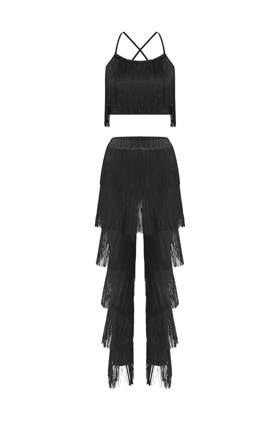 2pcs Women Latin Dance Outfits Sets Tassel Camisole Tops Fringe Pants Modern Salsa Ballroom Costume Black S