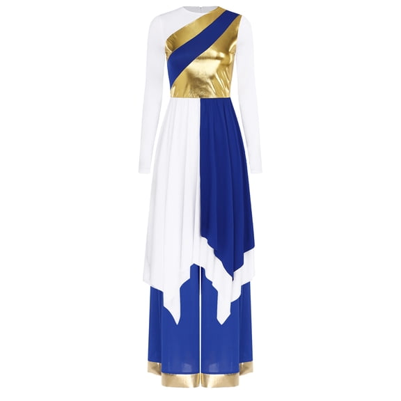 iiniim 2pcs Women Liturgical Praise Dancewear Long Sleeve Metallic Color Irregular Hem Worship Dress Wide Leg Pants Blue XXL