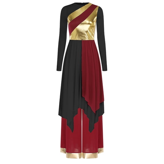 iiniim 2pcs Women Liturgical Praise Dancewear Long Sleeve Metallic Color Irregular Hem Worship Dress Wide Leg Pants Burgundy Black M