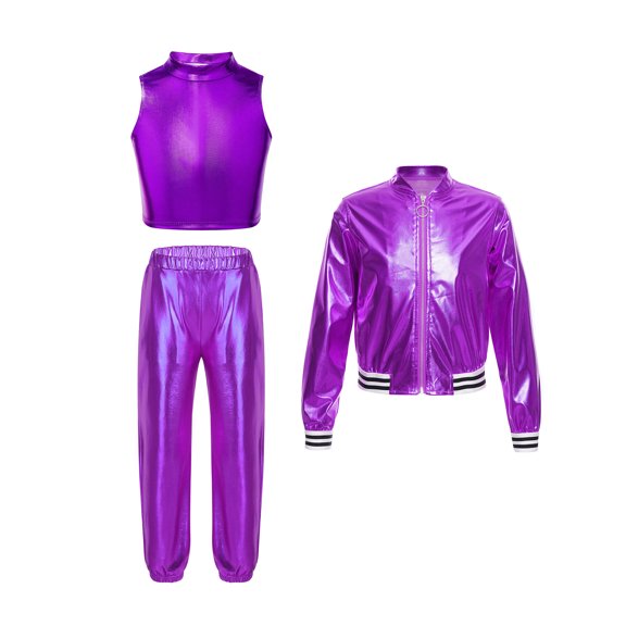 iiniim 3 Pcs Girls Sparkle Street Dance Outfits Hip Hop Costume Tank Top Long Sleeve Jacket with Long Purple 6