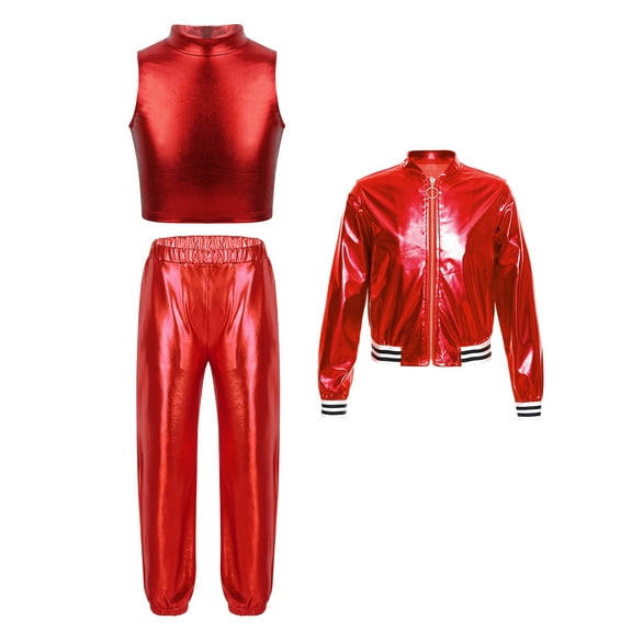 iiniim 3 Pcs Girls Sparkle Street Dance Outfits Hip Hop Costume Tank Top Long Sleeve Jacket with Long Red 6