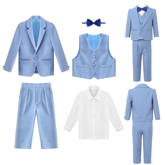 iiniim 5Pcs Toddler Baby Boys Birthday Party Outfit Set Tuxedo Blazer Jacket with Shirt Bow Pants Vest Suit Size 9M-14 A Blue 5