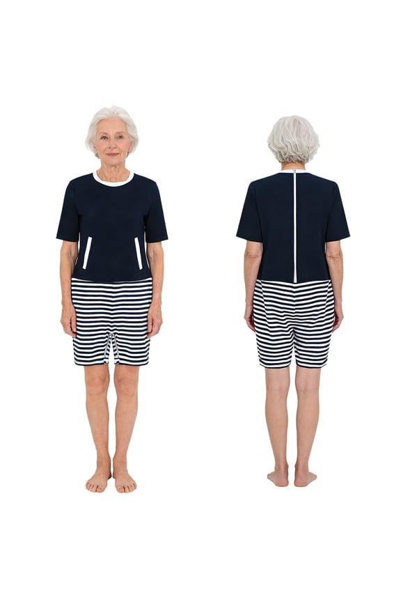 Adaptive Jumpsuit for Women Stripes Romper with Zipper at Back and Crotch Anti-Strip Navy Blue XL