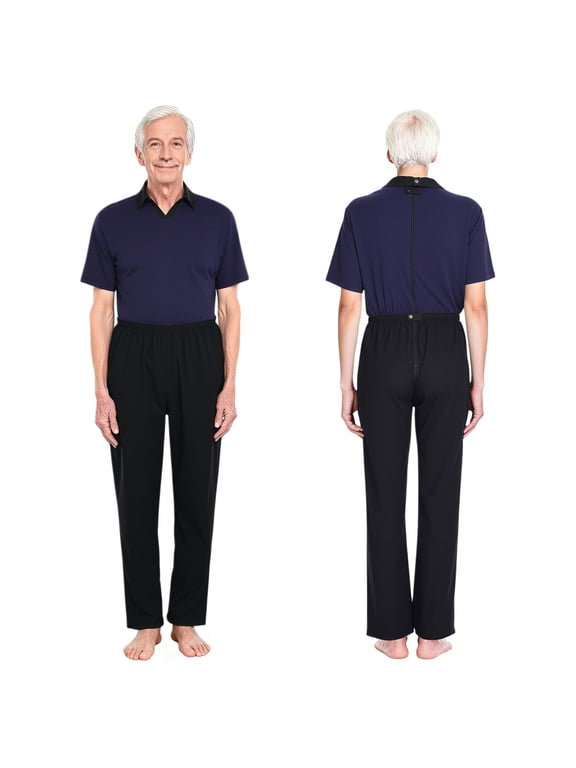 Adult Dementia Clothing Alzheimers Adaptive Anti-Strip Jumpsuit with Zipper at Back and Leg for Elderly Men Navy Blue XL