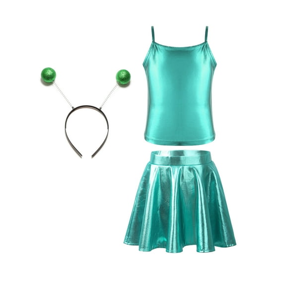 iiniim Alien Costume for Girls Metallic Dress Alien Holographic Cami Top with Pleated Skirts and Hair Hop Green 10