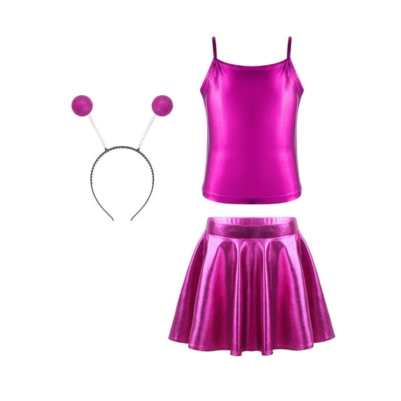iiniim Alien Costume for Girls Metallic Dress Alien Holographic Cami Top with Pleated Skirts and Hair Hop Rose Red 10