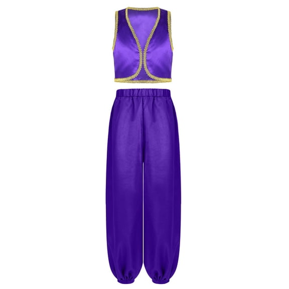 iiniim Arabian Prince Cosplay Outfit for Kids Boys Golden Braided Vest Satin Bloomers Pants Purple 6