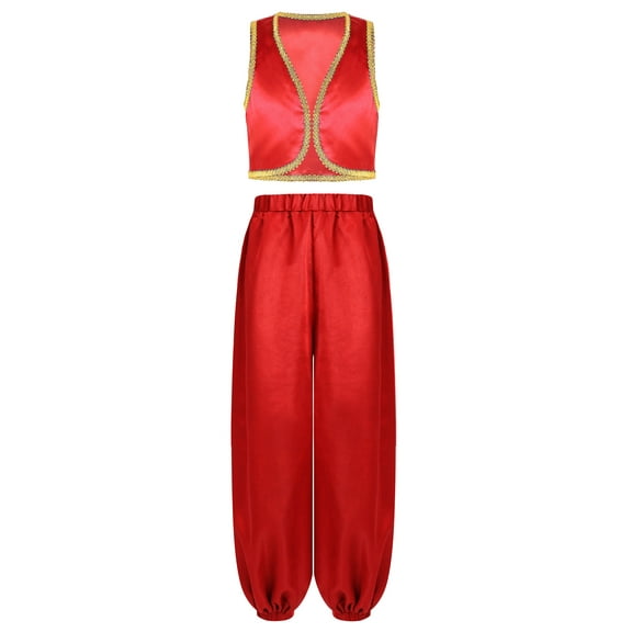 iiniim Arabian Prince Cosplay Outfit for Kids Boys Golden Braided Vest Satin Bloomers Pants Red 12