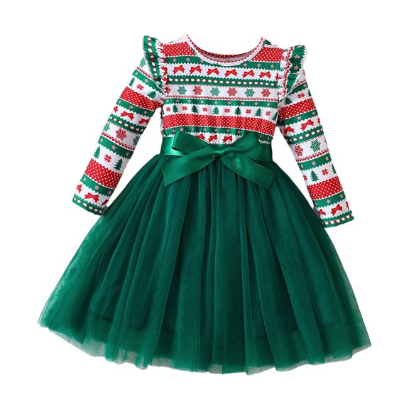 iiniim Baby Girls Outfits Toddler Kids Long Sleeve Xmas Holiday Party Mesh Midi Dress Green Tree 100/5Y