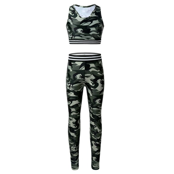 iiniim Big Girls 2PCS Sports Outfit Camouflage Printed Crop Top with Leggings Gymnastic