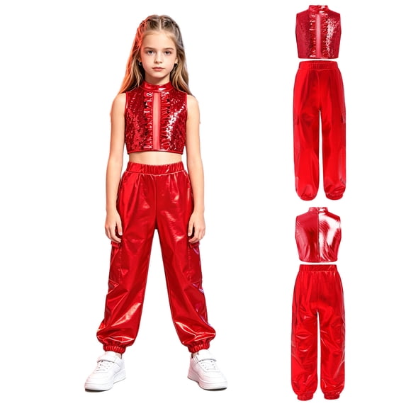 iiniim Big Girls Jazz Hip Hop Dance Outfits Sequin Sleeveless Ruffles Tank Top with Jogger Pants Modern Dancewear Red 14