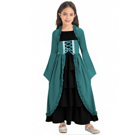 iiniim Big Girls Medieval Princess Dress Renaissance Gothic Vampire Queen Bell Long Sleeve Party Gown Green 12