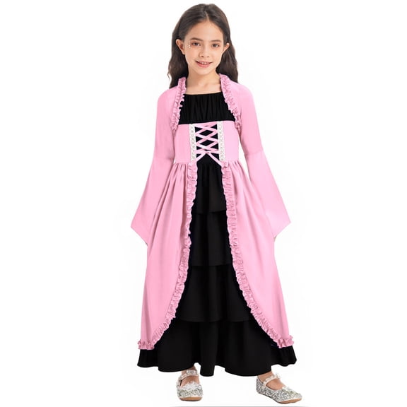 iiniim Big Girls Medieval Princess Dress Renaissance Gothic Vampire Queen Bell Long Sleeve Party Gown Pink 10